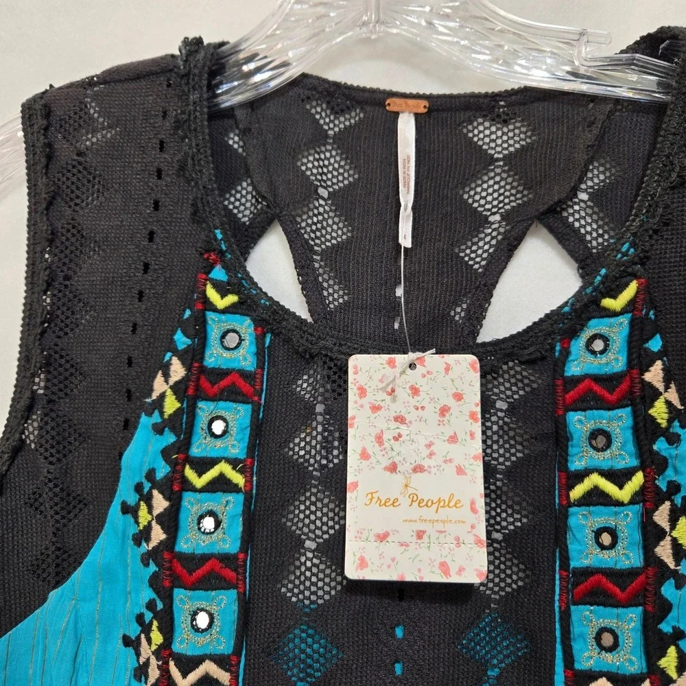Free People Mini Dress Size 4 Turquoise Blue‎ Boho Embroidered NWT #973